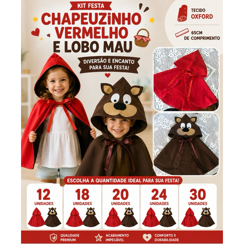 kit Capas capuz infantil Chapeuzinho vermelho ou Lobo mau - fantasia - lembrança de festa
