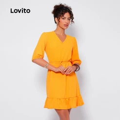 Lovito Vestido Curto Feminino Decote V Com Textura DRB227BRL256