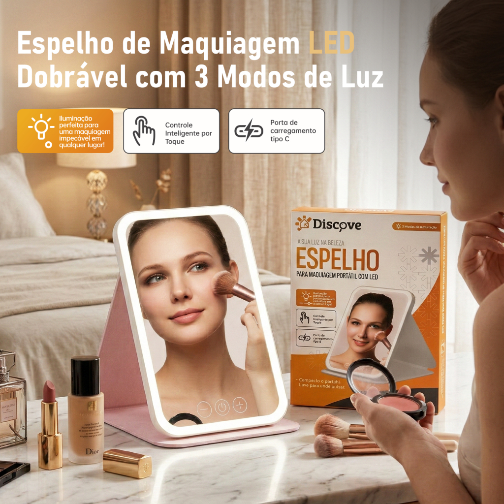 Espelho De Mesa Para Maquiagem Portátil Luz Led Touch Usb Recarregável – Dobrável e Compacto