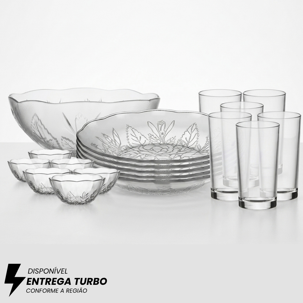 Aparelho de Jantar 19 Peças Vidro Transparente Floral Pratos Copos Tigelas Saladeira