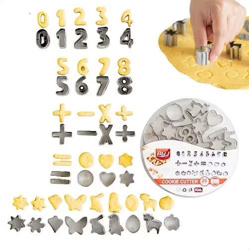 Kit 26 Peças Cortador de Biscoito em Inox Números Letras e Figuras c/ Case Biscoitos Cookies Moldes Infantil Confeitaria