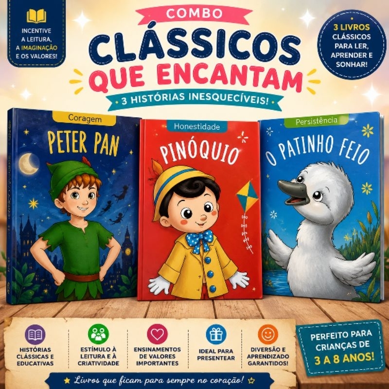 Combo Livros Infantis Clássicos | Peter Pan + Pinóquio + O Patinho Feio