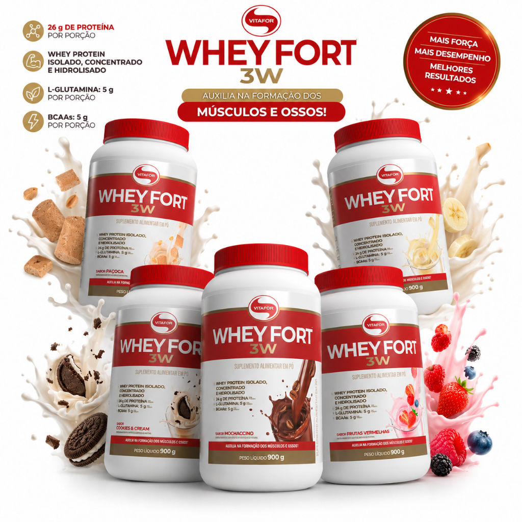 Whey Fort 3W Vitafor Pote 900g - Sabores Banana Cookies Mochaccino Chocolate Frutas Vermelhas