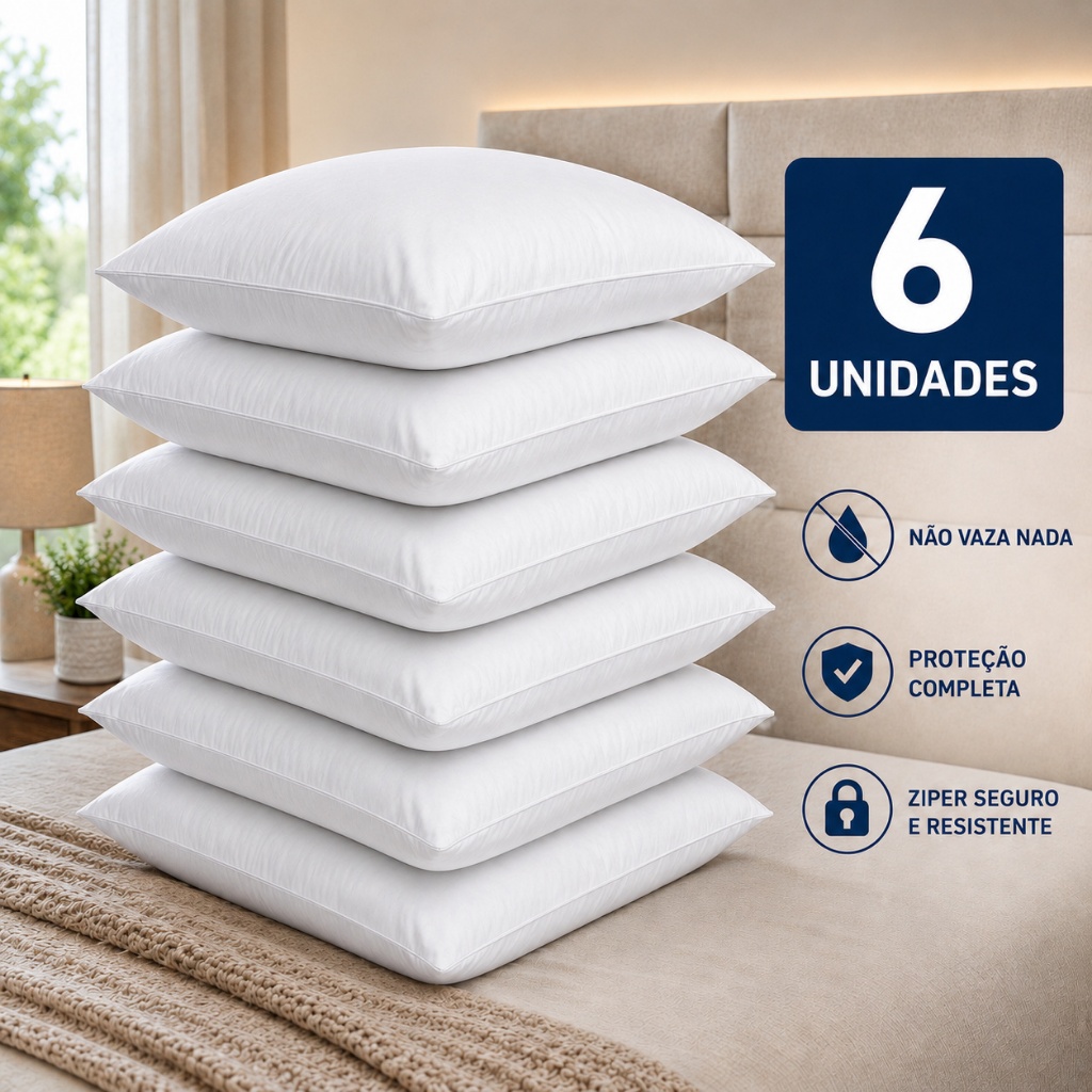 Kit Com 6 Fronhas Impermeável Anti - Ácaro Com Zíper Promoção Lançamento