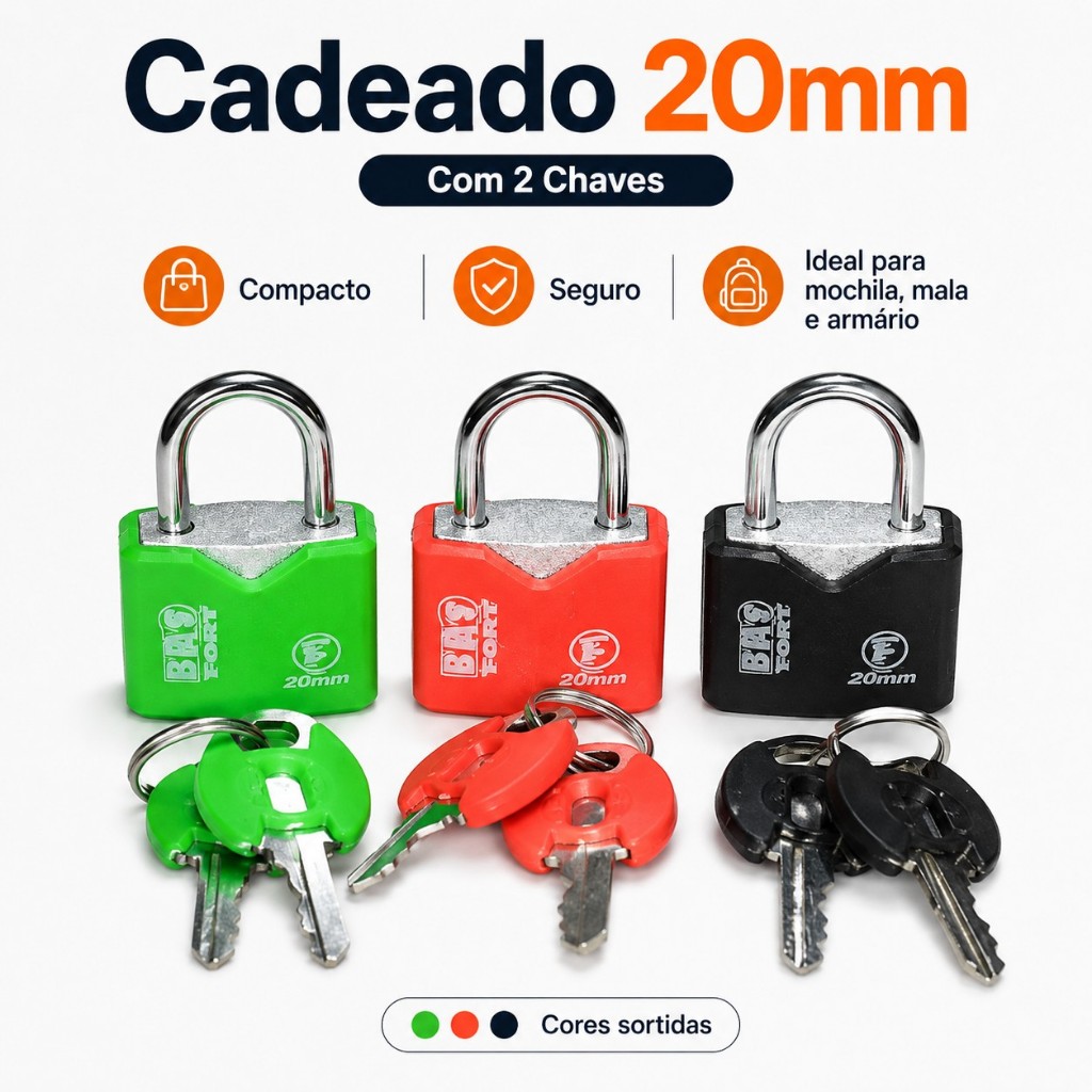 Imagem Cadeado 20mm com 2 Chaves Segurança para Mochila Mala Armário