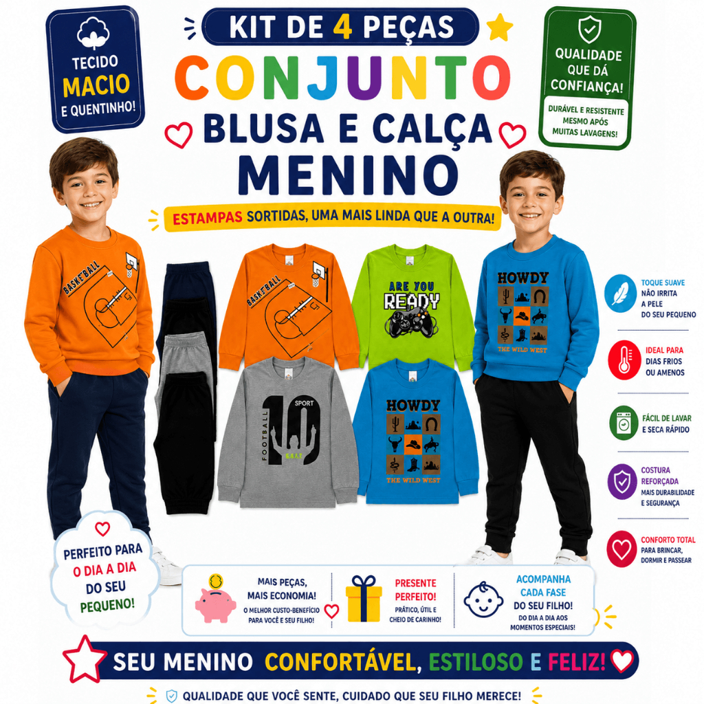 Kit Roupa Infantil Menino 4 Peças | Conjunto com Blusas e Calças, Estampas Sortidas, Confortável e Estiloso