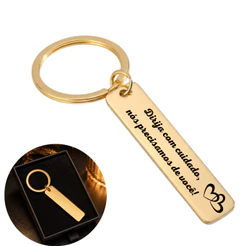 Chaveiro Retangular Personalizado em Aço Inox Banhado a Ouro C/ Gravação a Laser + Caixa Presente