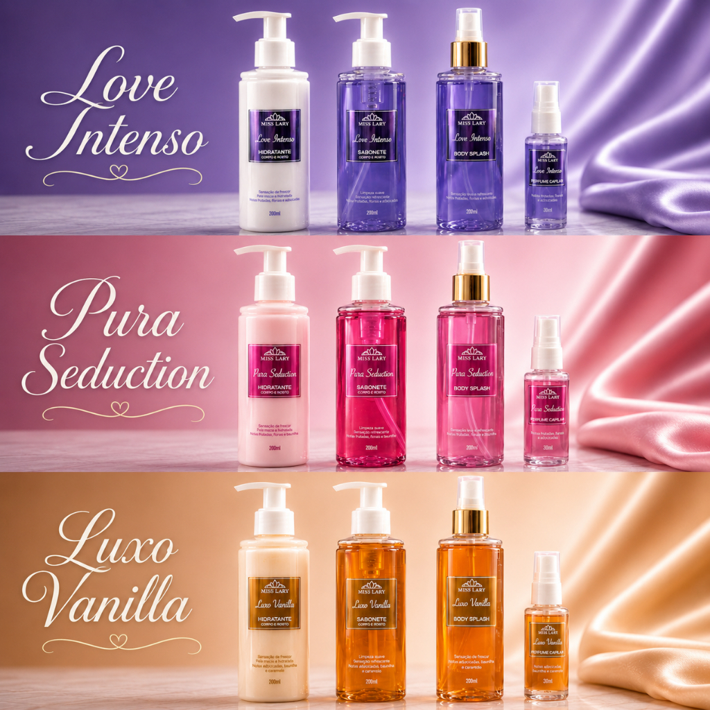 Kit Corpo Perfumado Miss Lary 4 Itens Hidratante + Sabonete + Body Splash + Perfume Capilar