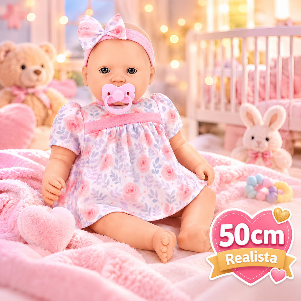 Boneca Bebê 50cm Grande Realista Infantil Com Chupeta Tiara Presente Menina Roma