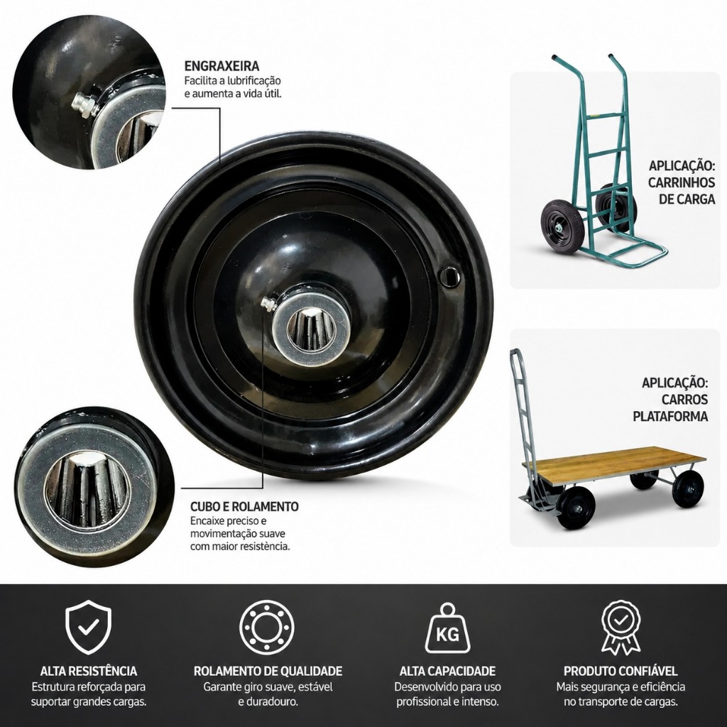 Roda Aro 8 325/350/400-8 C/ rolamento  Rolete Carretinha Moto Carrinho Mão Carga Preto