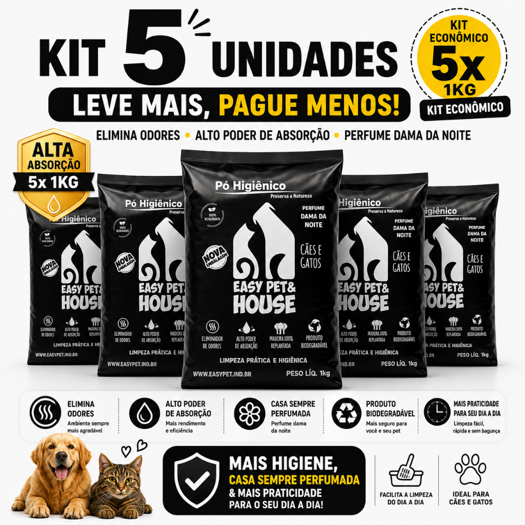 Pó Higiênico Pet Easy Pet & House Dama da Noite 5 Unidades  Alta Absorção  Anti Odor  Cães e Gatos