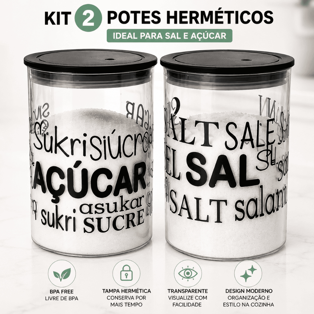 Kit com 2 Potes Hermético Acrílico para Mantimentos 1L Transparente Decorado Sal e Açúcar