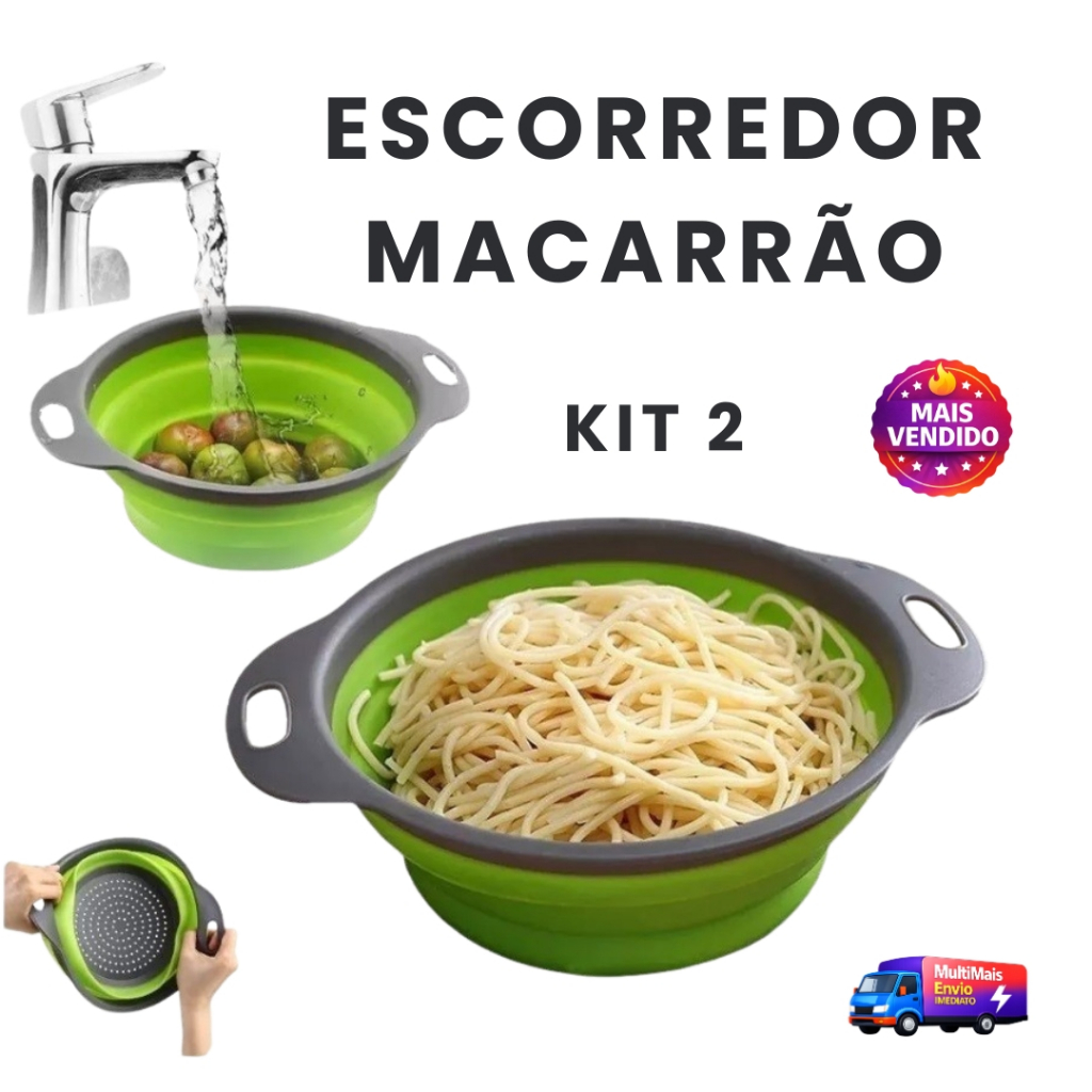Escorredor de Macarrão Retrátil KIT 2 Peças Silicone Multiuso Para Sua Cozinha Salada Frutas Legumes