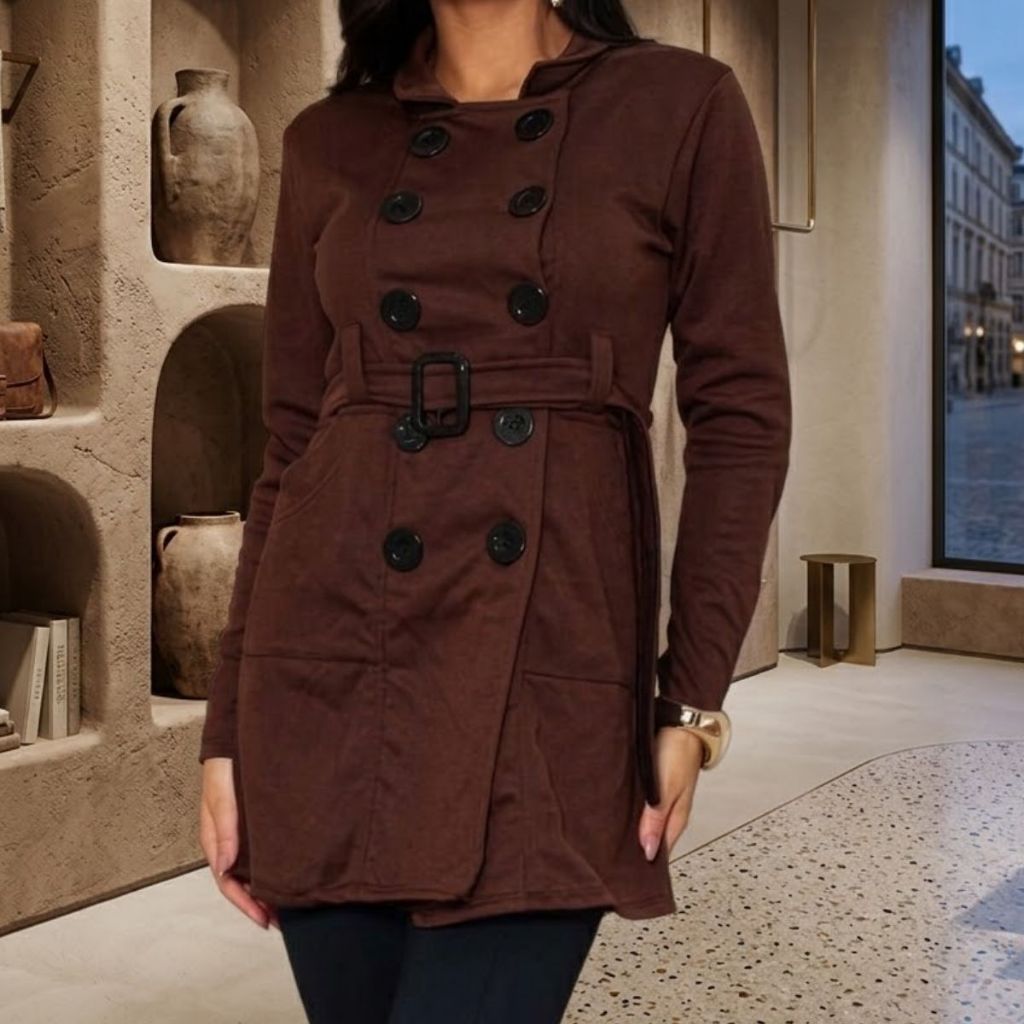 Casaco Sobretudo Feminino Em Tecido moletom Flanelado Com Botões e Cinto Inverno - Envio Imediato