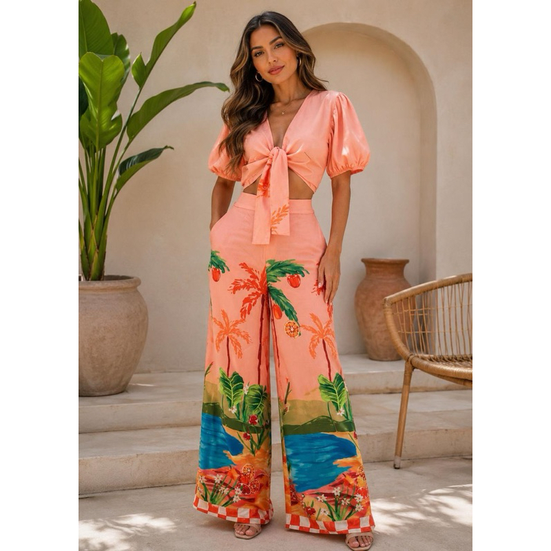 Conjunto Feminino Viscose Salmão Estampado Tropical Cropped + Calça Pantalona