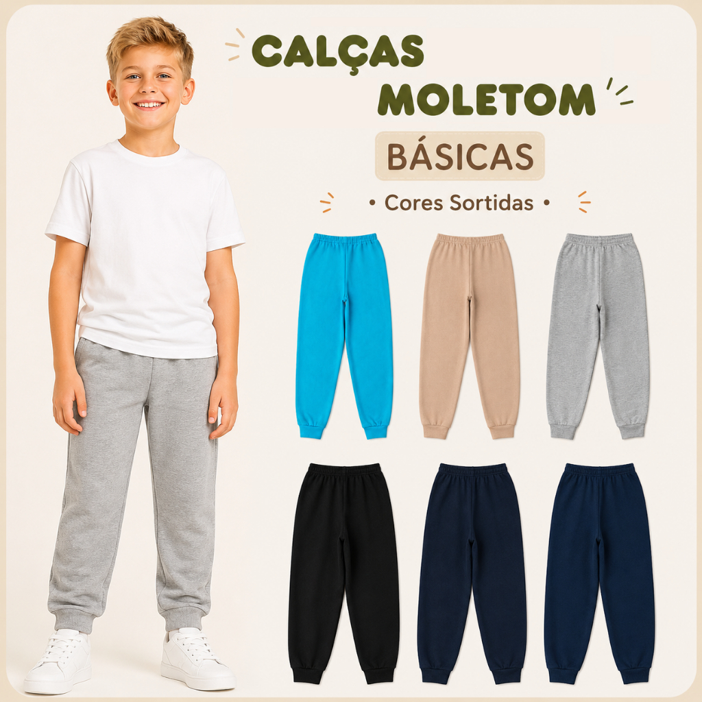 Kit 2 Calça Moletom Menino Peluciada Masculina Bebe Infantil Juvenil Masculino Inverno Frio com Punho