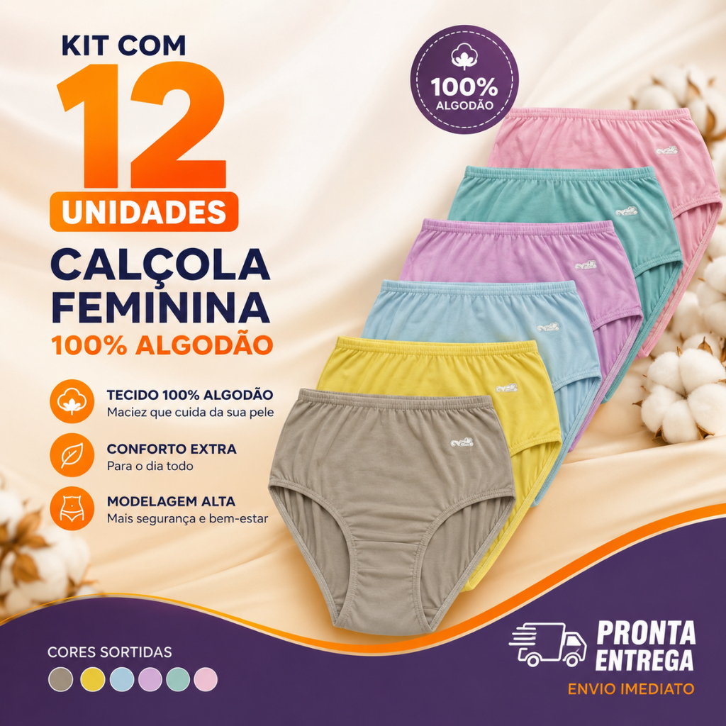 Kit 12 Calçola Feminina Calcinha 100% Algodão Cintura Alta Para Senhoras Confortável Cores Variadas