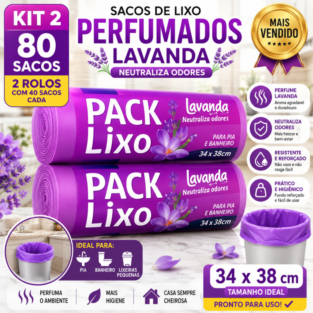 Saco de Lixo Perfumado Lavanda 80 Unidades Kit 2 Rolos Reforçado Para Pia Banheiro Cozinha 34x38cm Anti Odor Neutraliza