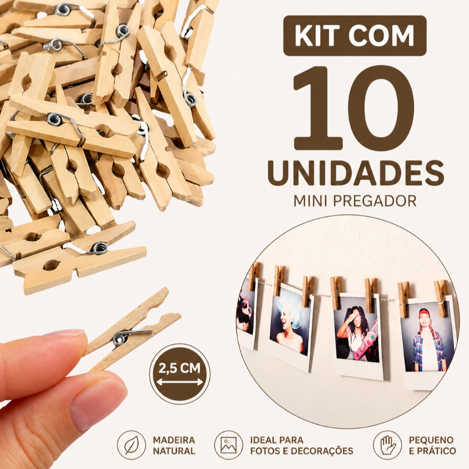 Pacote 10 Mini Pregador 2,5 cm Prendedor de Madeira Decoração Fotos Lembrancinhas