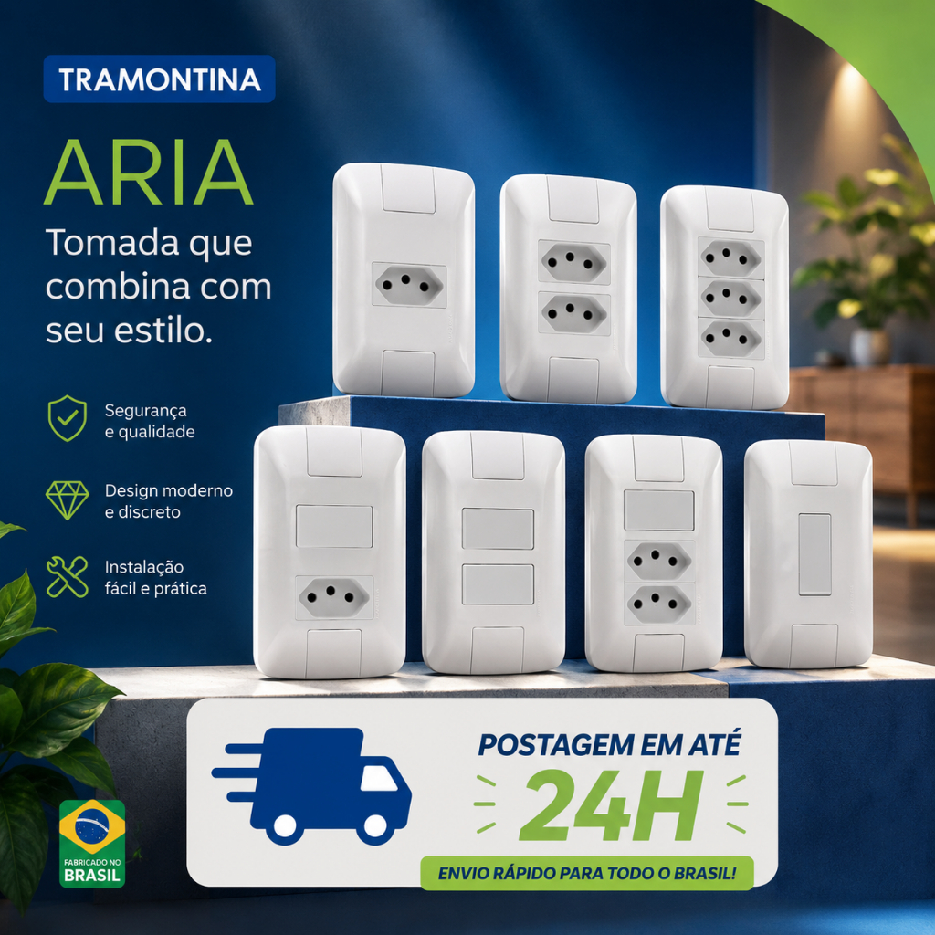 Tomadas e Interruptores Tramontina Aria Linha Completa 4x2 Branco Tomada 10A 20A Modular Tecla Simples Paralelo