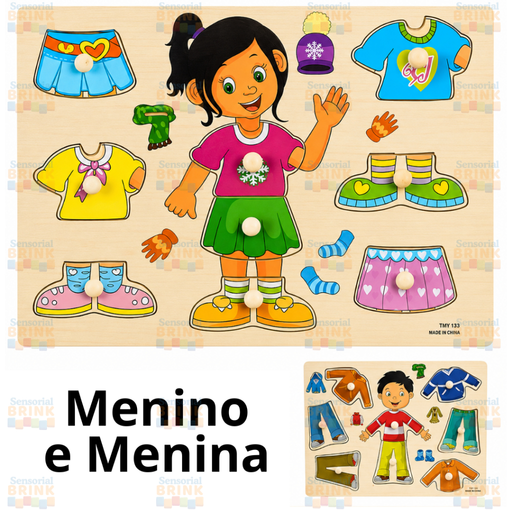 Quebra-Cabeça de Madeira  - Brinquedo de Encaixe - Menina e Menino Trocando Roupas – Jogo Educativo - Montensori