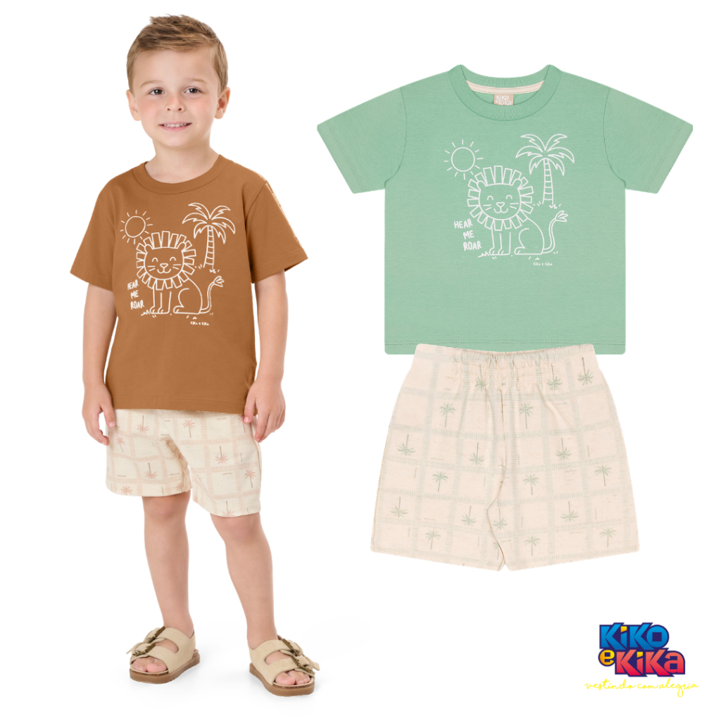 Conjunto Camiseta de meia malha e Bermuda de moletinho Infantil Dinossauro Kiko e Kika 1 a 3 anos
