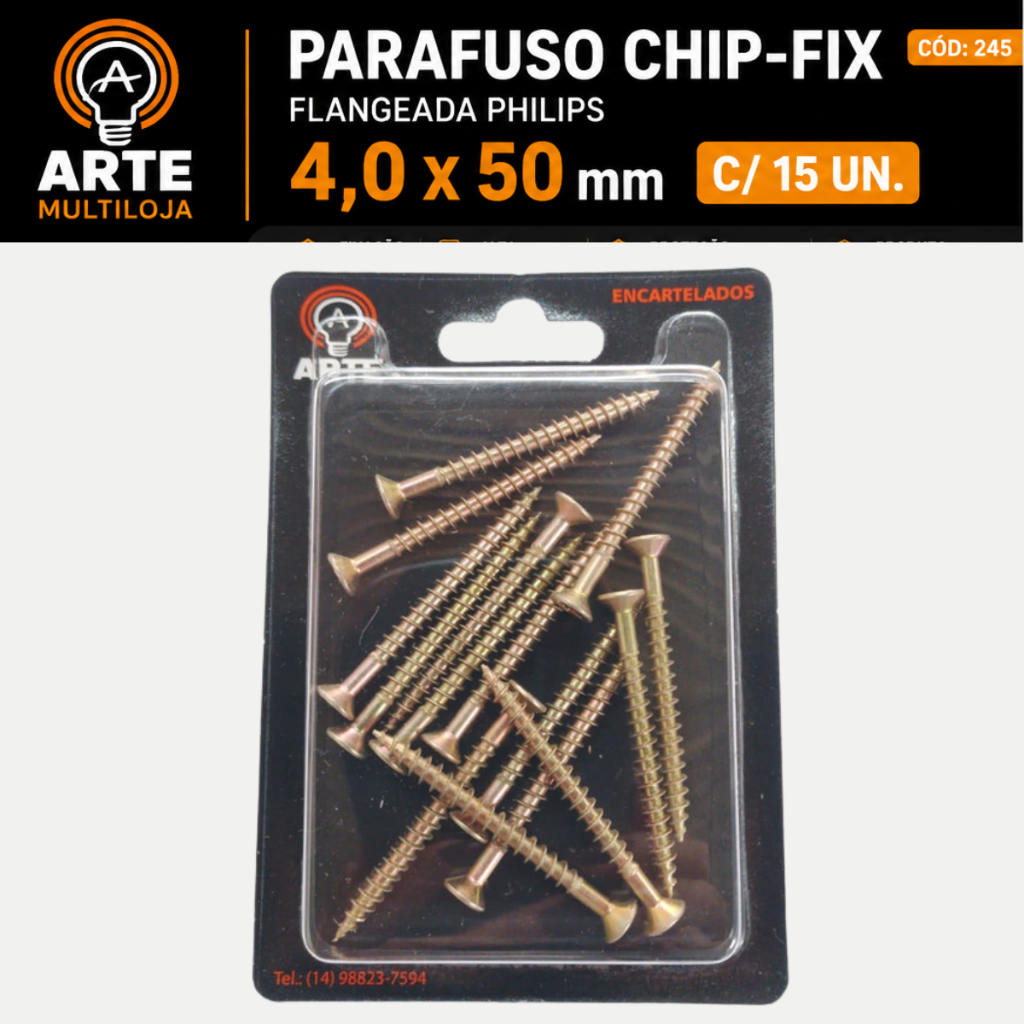 Parafuso Chip Fix Flangeado Philips -  Encartelado - Várias Medidas - Arte Multiloja
