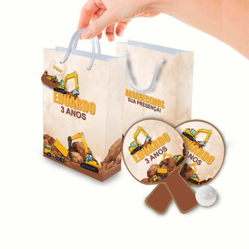 Sacolinha com Raquete Personalizada Construção Lembrancinha Festa Aniversário Infantil