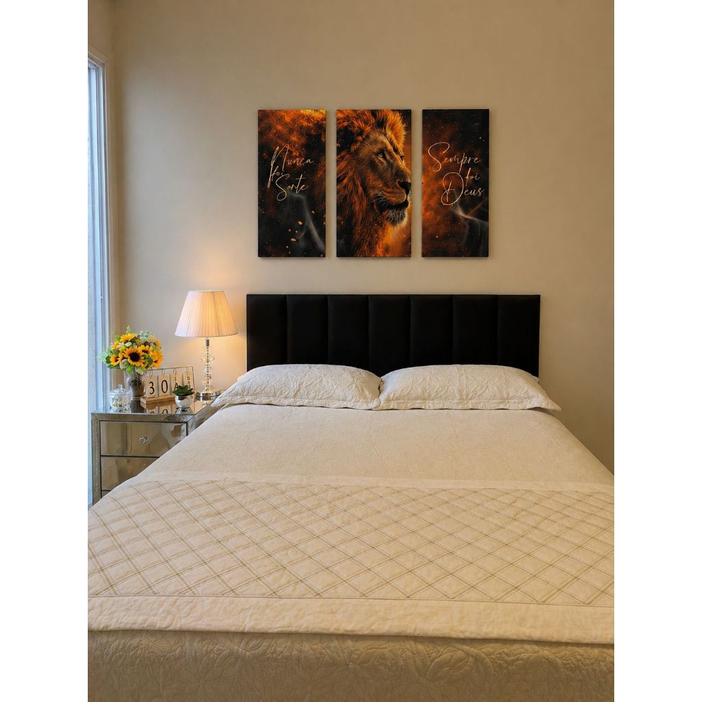 KIT CABECEIRA EM L CORINO CAMA BOX SOLTERIO QUEEN CASAL KING QUADRO DECORATIVO LEÃO DECORAÇÃO QUARTO