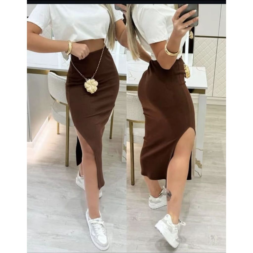 Saia Midi Tecido Ribana 100% Algodão Com Fenda Lateral Veste do 36 ao 44