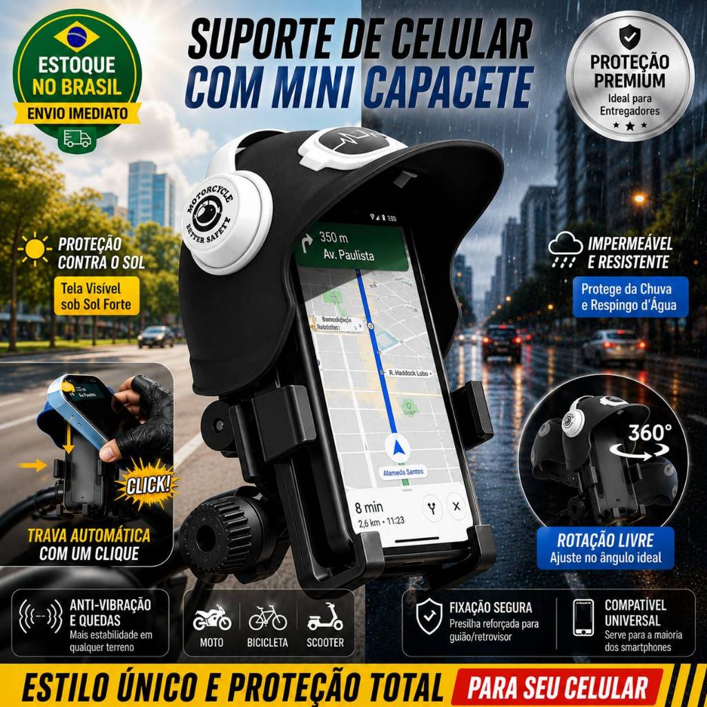 Suporte de Celular para Moto e Bicicleta | Capacete, Proteção e Navegação para Motocicleta e Elétrica