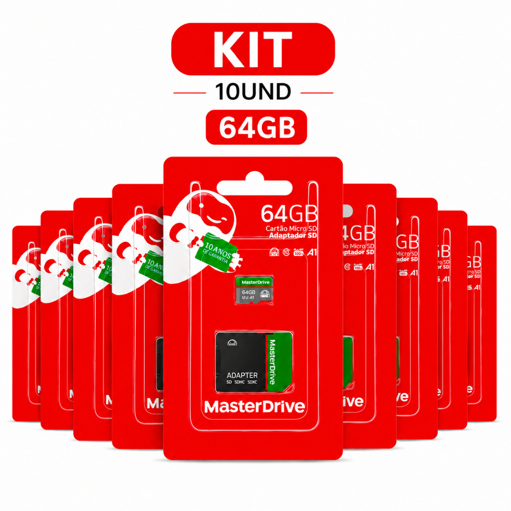 KIT 10 CARTÕES DE MEMÓRIA MICRO SD 64GB MASTERDRIVE CLASSE 10 A1 COM ADAPTADOR SD