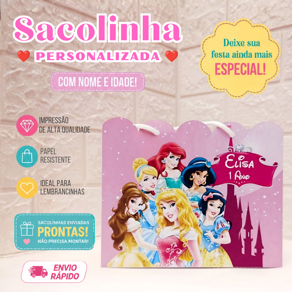 Sacolinha Personalizada Montada | Lembrancinha Aniversário Luxo | Festa Infantil | Princesas