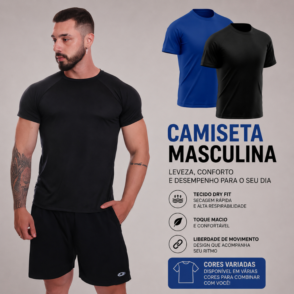 Kit 2 Camisetas Masculina Manga Curta Dry Fit Proteção Solar UV Camisa Treino Lisa Básica