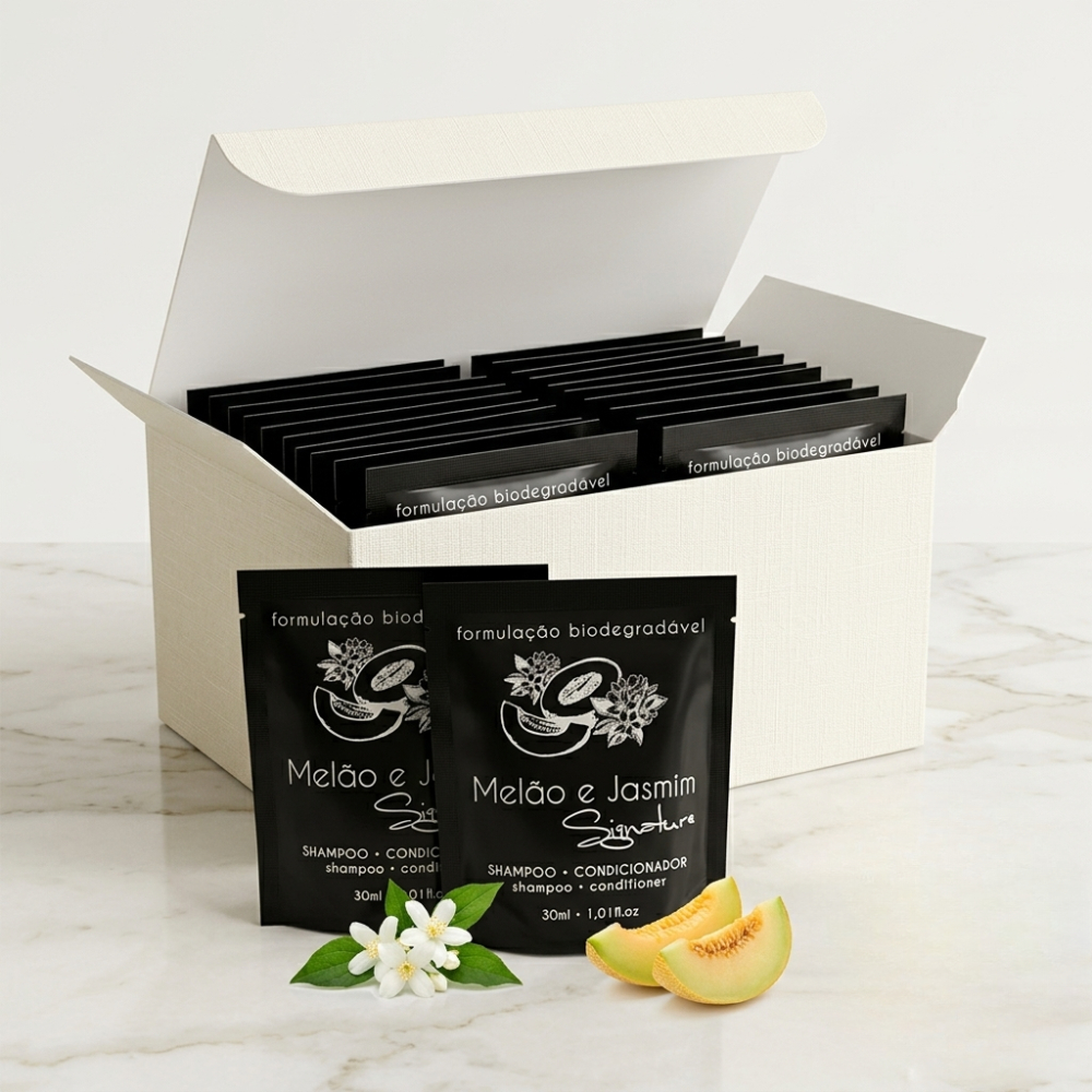 Amenities Shampoo 2em1 Melão e Jasmim Signature 30ml Biodegradável | Hotel Pousada Airbnb Spa Short stays