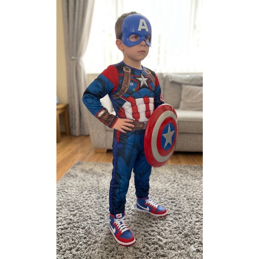 Fantasia Menino Infantil Capitão América Longa com enchimento acompanha Máscara e Escudo