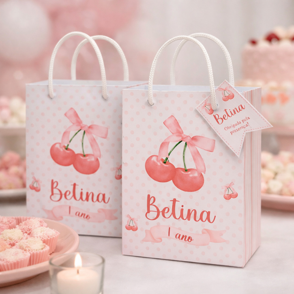 Sacolinha Personalizada para Lembrancinhas de Aniversário ACOMPANHA TAG - Pegue e Monte - ENVIO RÁPIDO - TEMA CEREJINHA