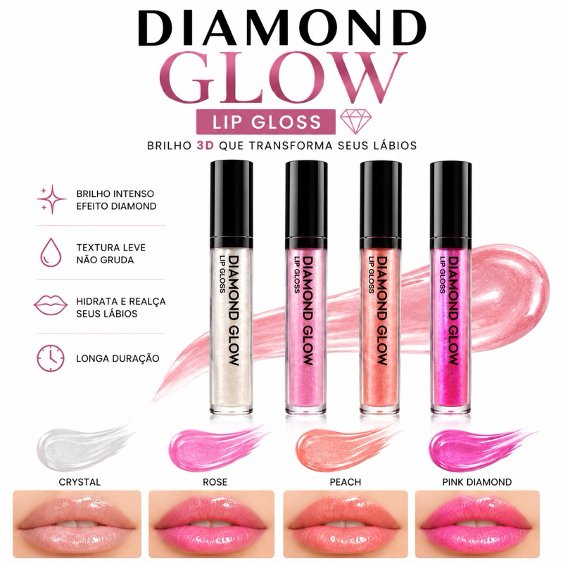 Gloss Diamond Glow Belle Angel Lip Gloss Efeito Diamond Brilho 3D Longa Duração Hidratante