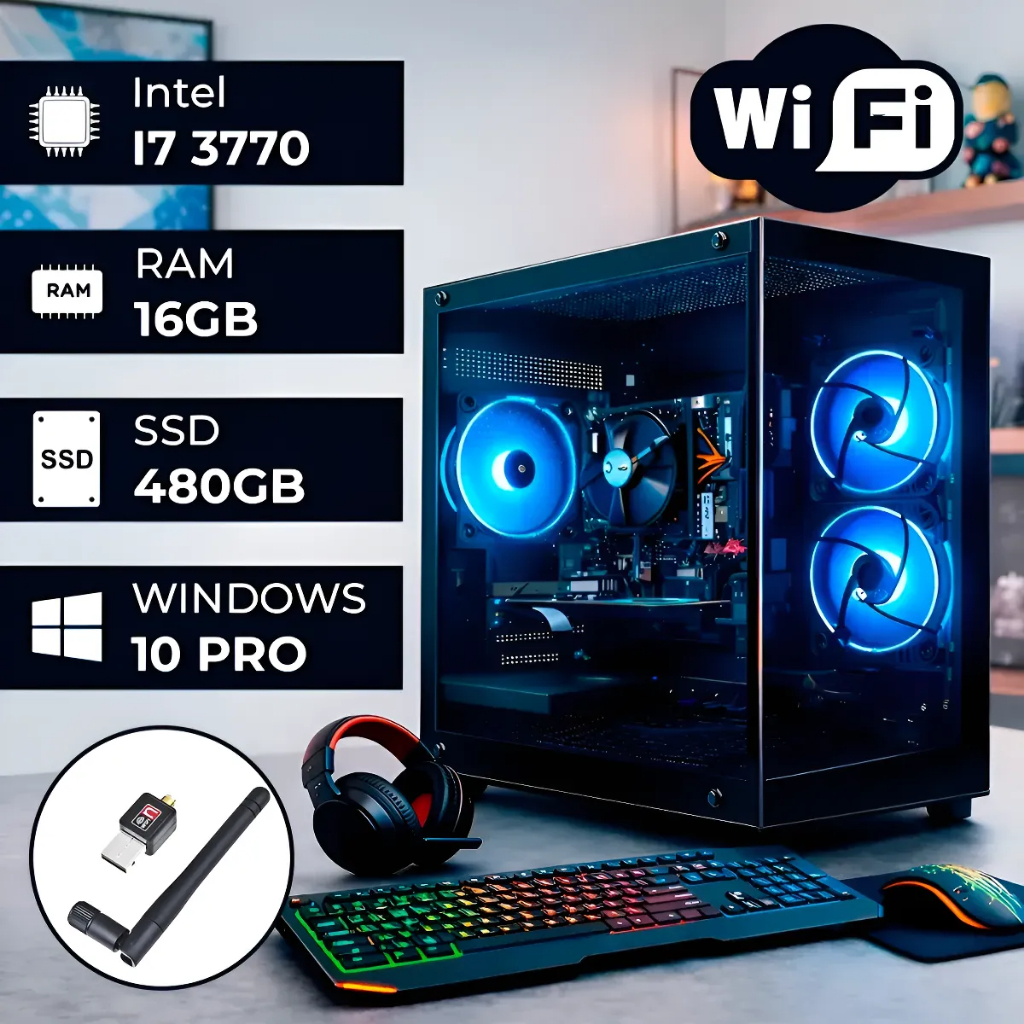 CPU PC Gamer Aquário RGB Intel Core I7 Montado Completo SSD 480GB, RAM 16GB, Intel HD Graphics