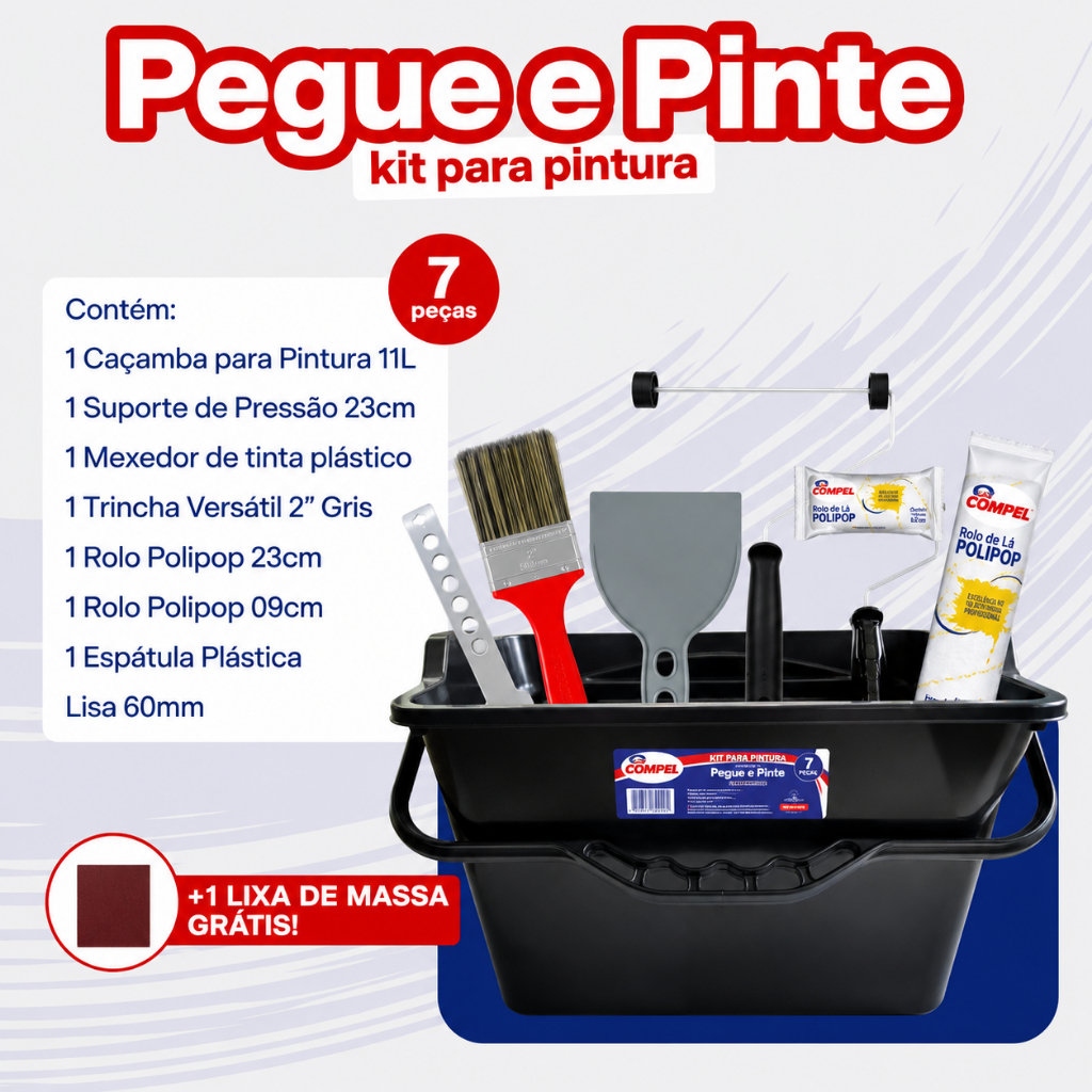 Kit Pintura Completo 7 Peças Com Balde De Pintura Rolo Trincha Espátula E Lixa
