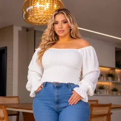 Blusa feminina plus cropped tamanho maior manga bufante tendência lançamento de inverno tecido confortável moda maior