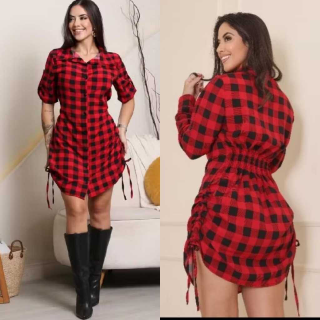 VESTIDO CHEMISE FEMININO XADREZ ELEGANTE MANGA LONGA COM COSTA LASTEX
