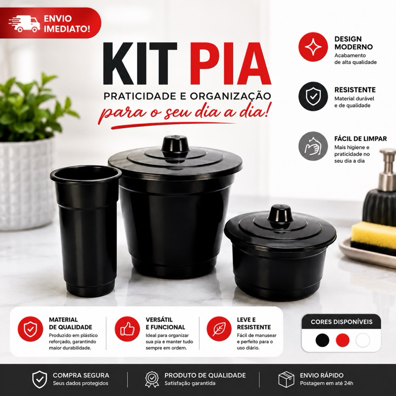 Kit Pia com 3 Peças de Plástico Para Cozinha Com Cesto de Lixo e Porta Esponja e Detergente