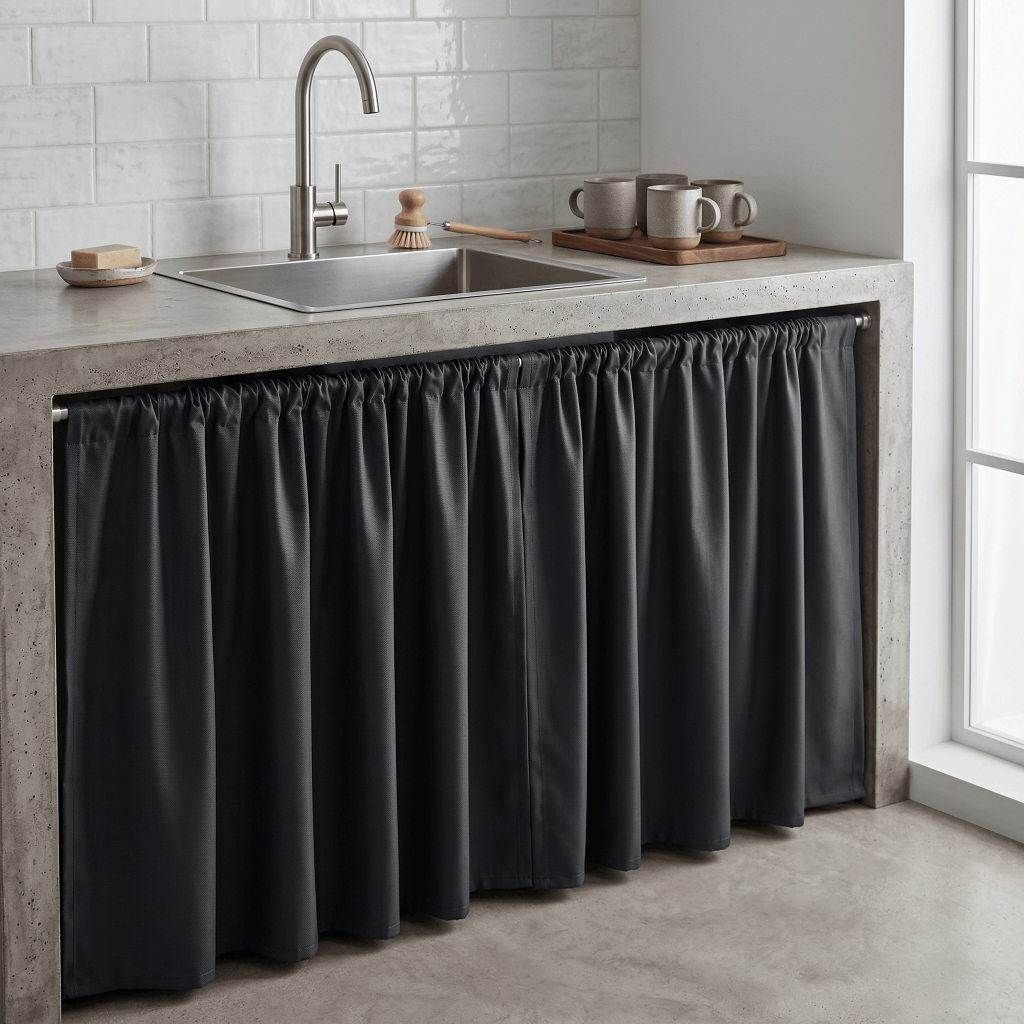 Cortina De Pia De Cozinha 1,40x0,80m Tecido Oxford Grosso Balcão Bancada Lavanderia Com Passa Varão