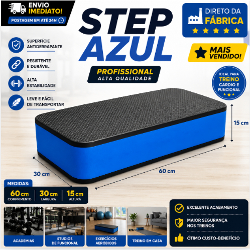 Step Azul Profissional 60x30x15cm Academia Funcional Antiderrapante