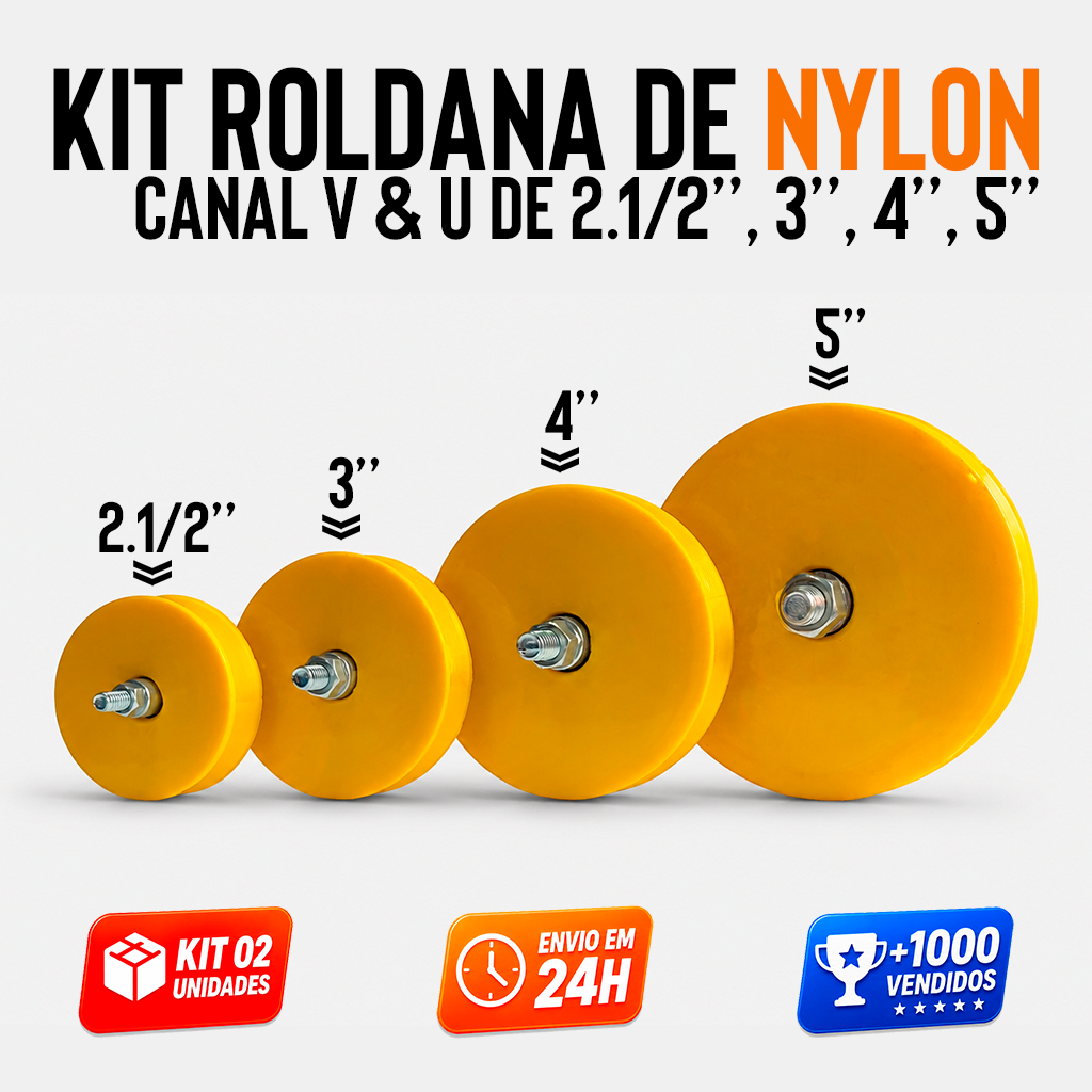 Roldana Portão de Correr Kit 2 Unidades de 2.1/2, 3, 4, 5 Polegadas Canal V e U em Nylon