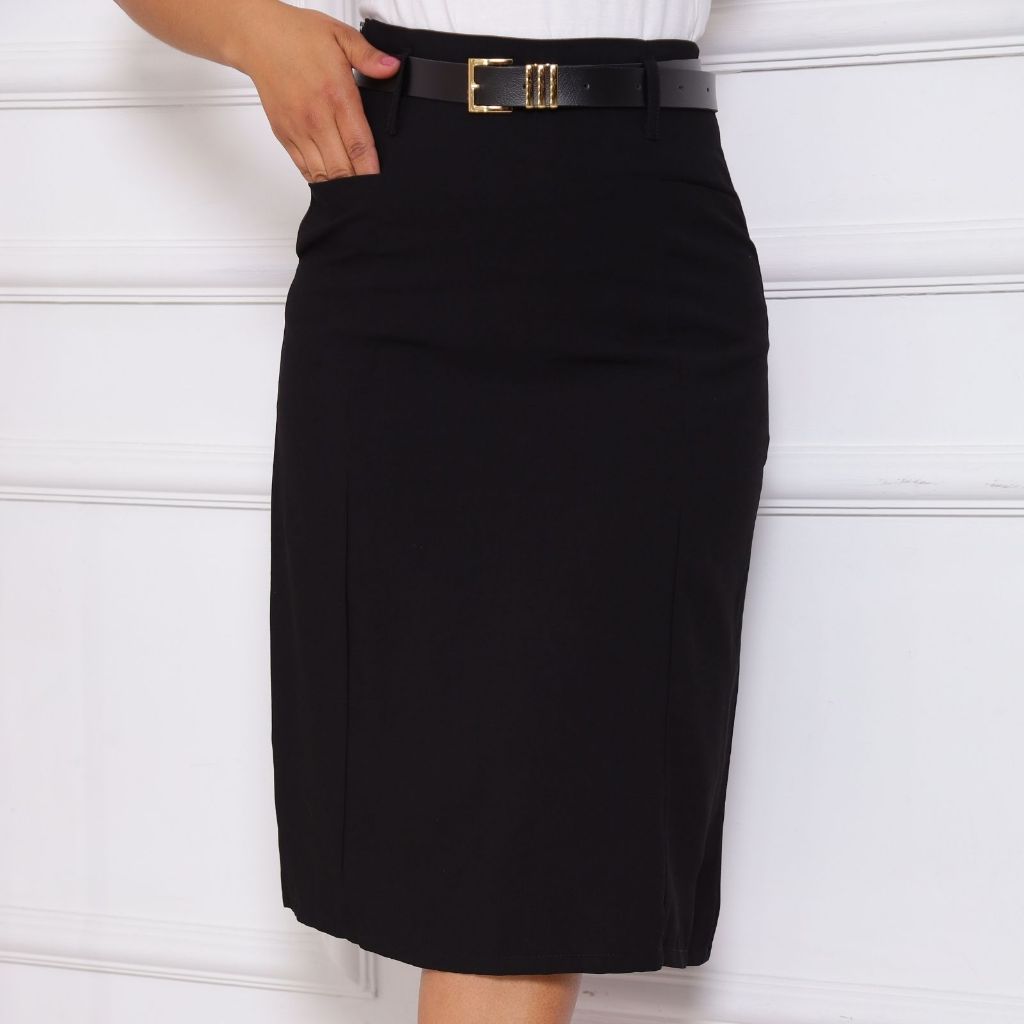 Saia Midi Preta Social Moda Elegante Com Cinto Envio Imediato