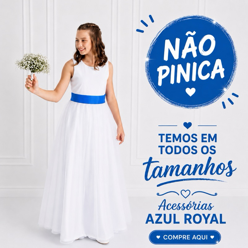 Vestido Dama de Honra Longo Branco Faixa Azul Royal Infantil com Saia Tule Noivinha REF4072