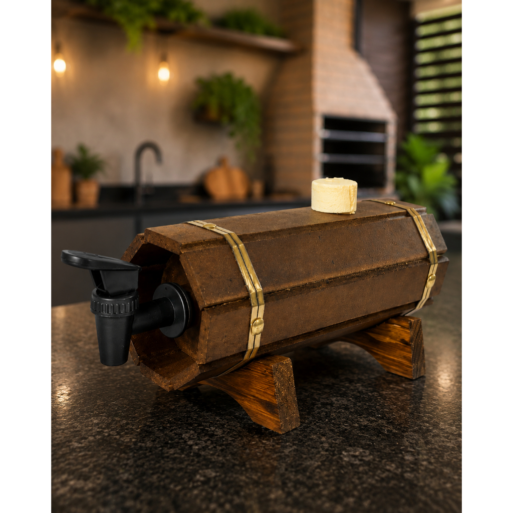 Pingômetro Barril De Madeira Rústico Dispenser De Bebidas Área Gourmet Bar Cachaça Decorativo