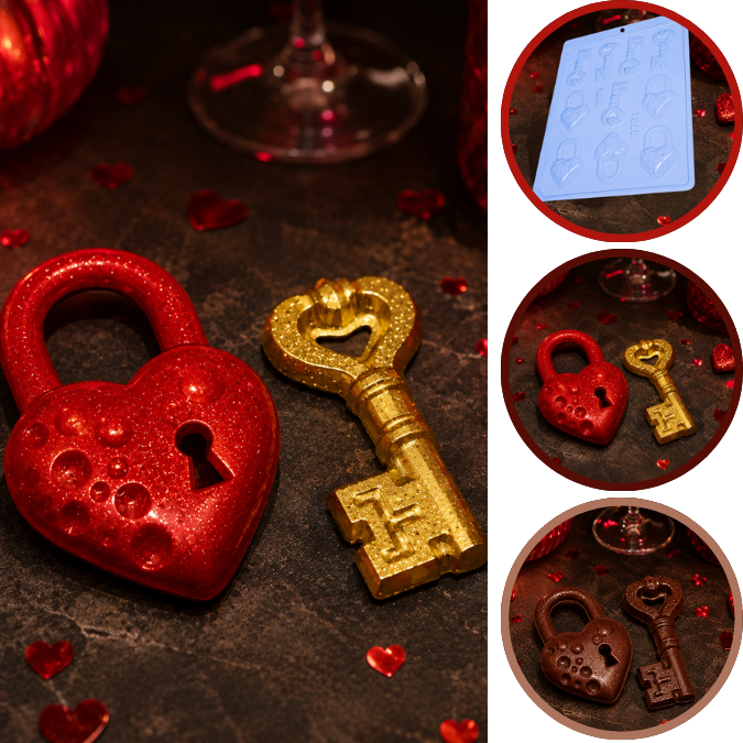 1~10 Forma Simples Chave E Cadeado Coração 9751 - (H6) em Acetato BWB Para Bombom e Doces de Chocolate.(CHOCO)